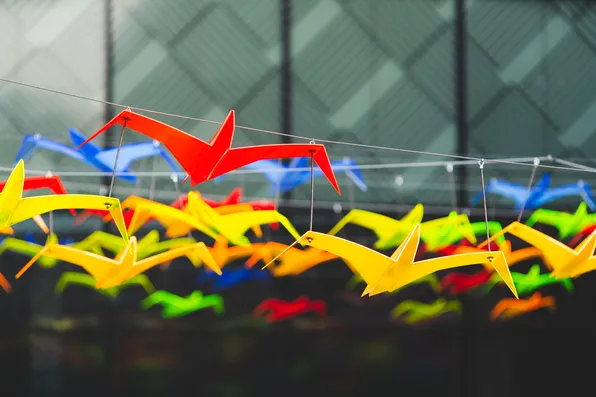 Colourful artificial birds hanging from wires